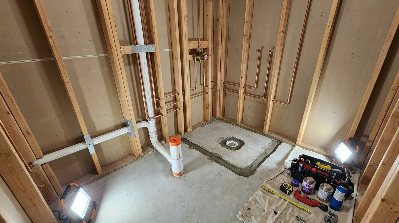 Bathroom rough-in plumbing during remodel by Johns Plumbing LLC in De Graff