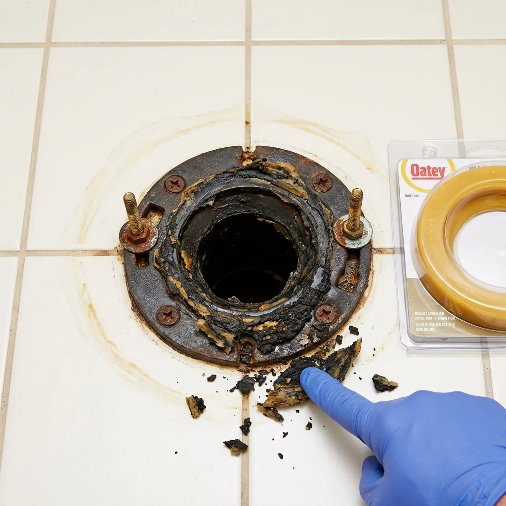 Failed wax ring showing water seepage at the base of a toilet in a De Graff, OH home
