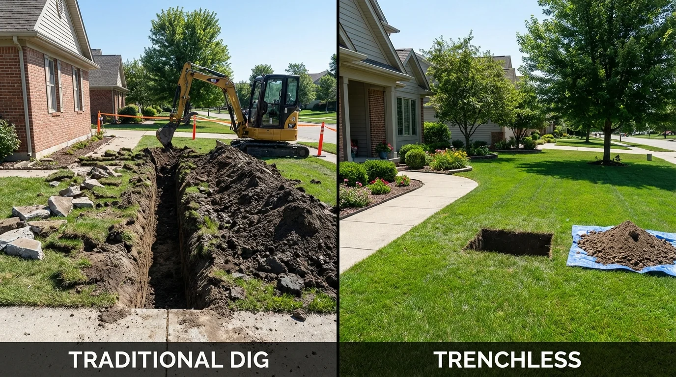 Trenchless sewer repair with minimal yard damage versus traditional excavation in De Graff, OH