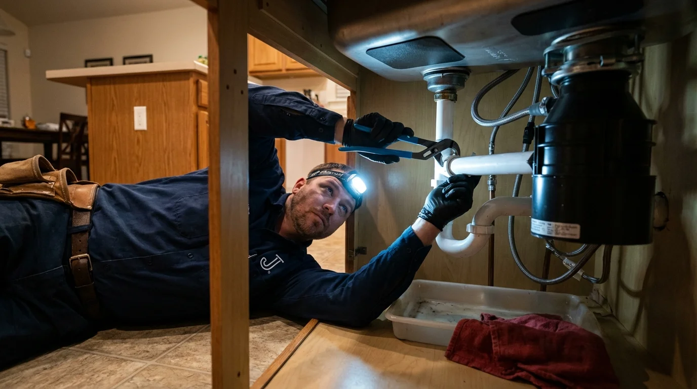 P-trap and supply line connections under a kitchen sink showing a common leak point in De Graff, OH